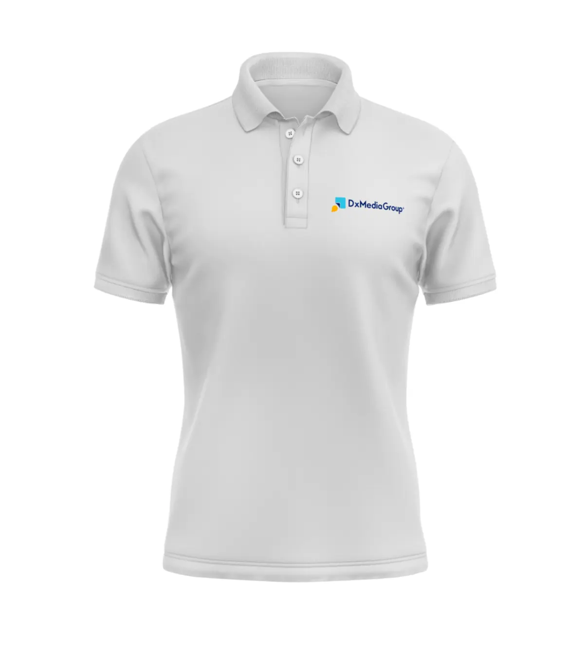 Polo blanco corporativo con el logotipo de DxMediaGroup bordado
