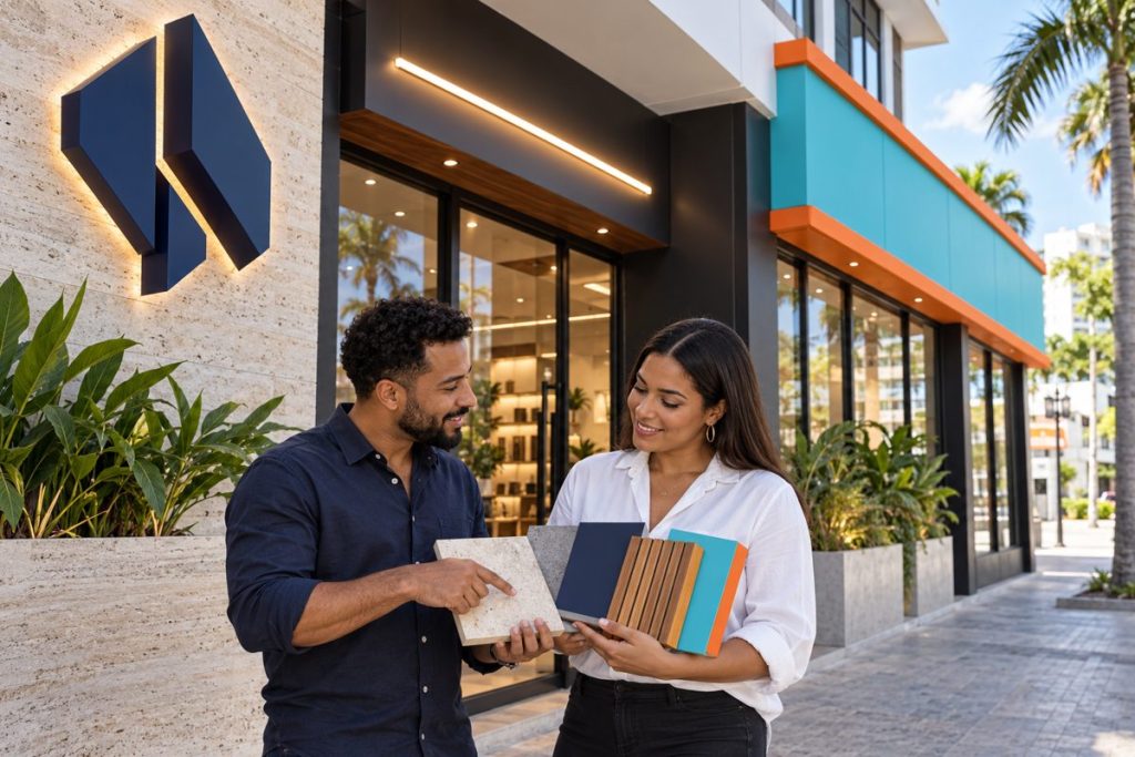 Fachada comercial con letreros y rotulación
